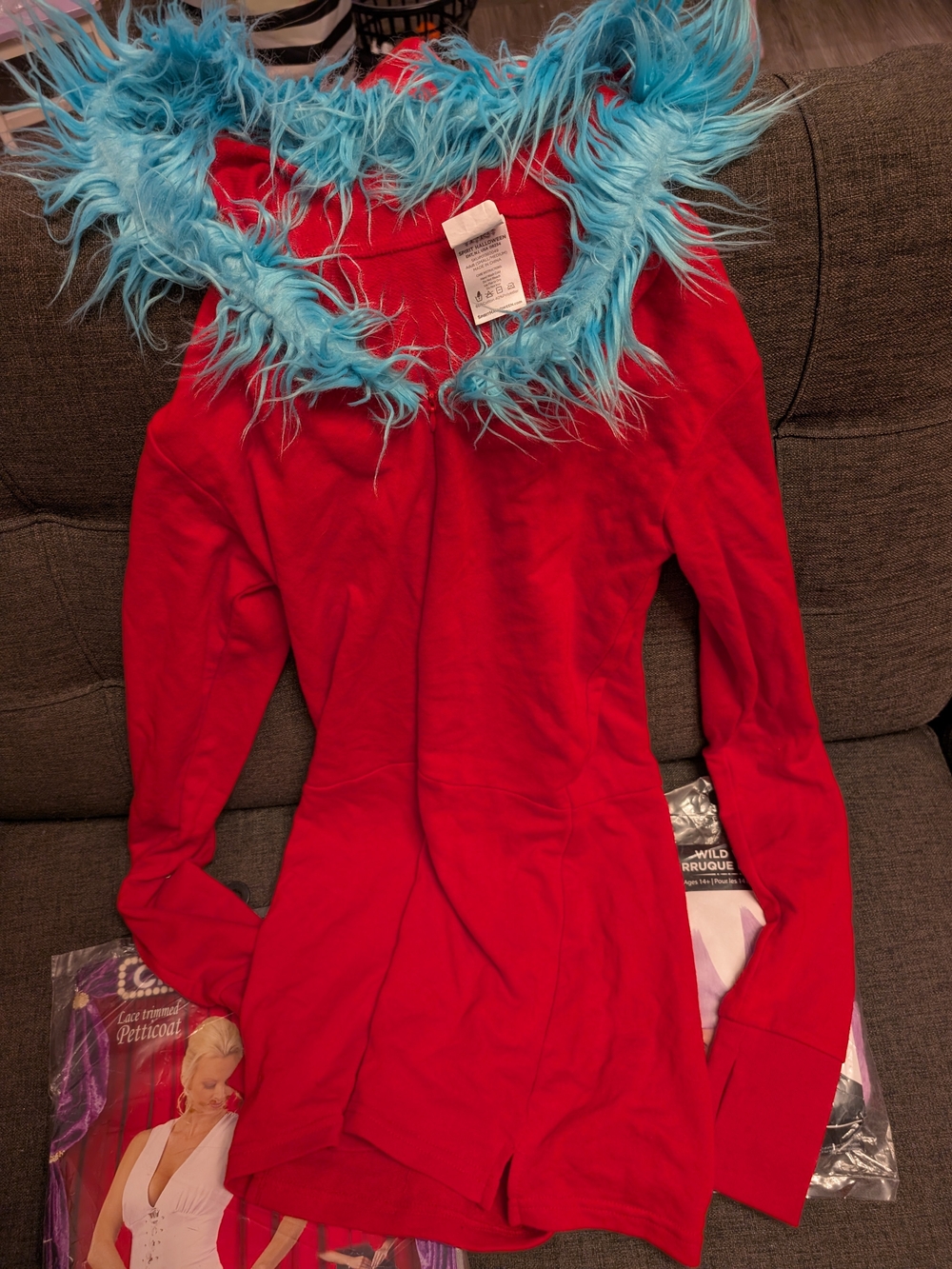 Spirit Red Women's Hooded Top with Blue Faux-Fur Trim